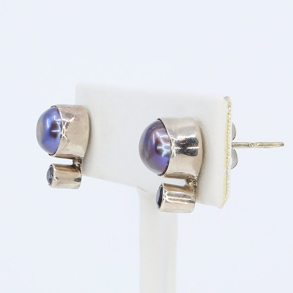 Handmade 925 Sterling Silver Purple Pearls With Crystal Accents Post Earrings - Picture 2 of 5